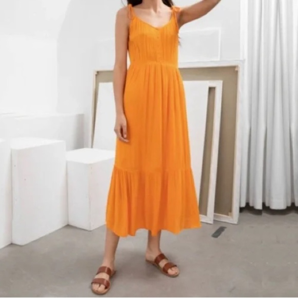 & Other Stories Tie Strap Ruffle Midi Dress Marigold Yellow Size 12